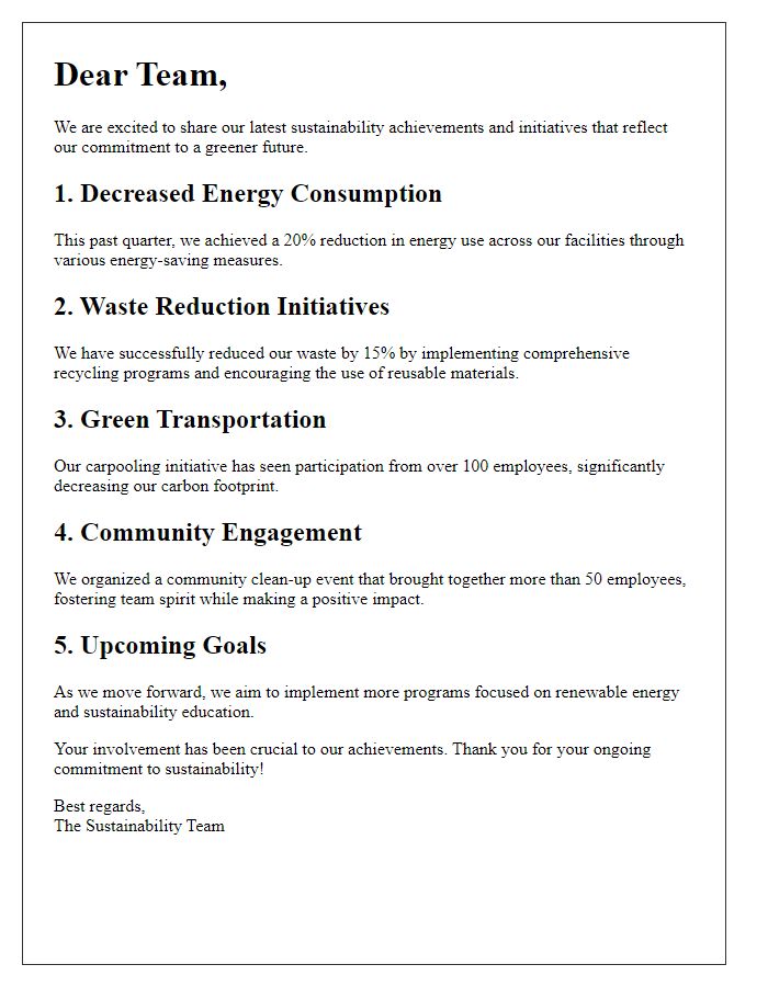 Letter template of sustainability achievements update for employee engagement