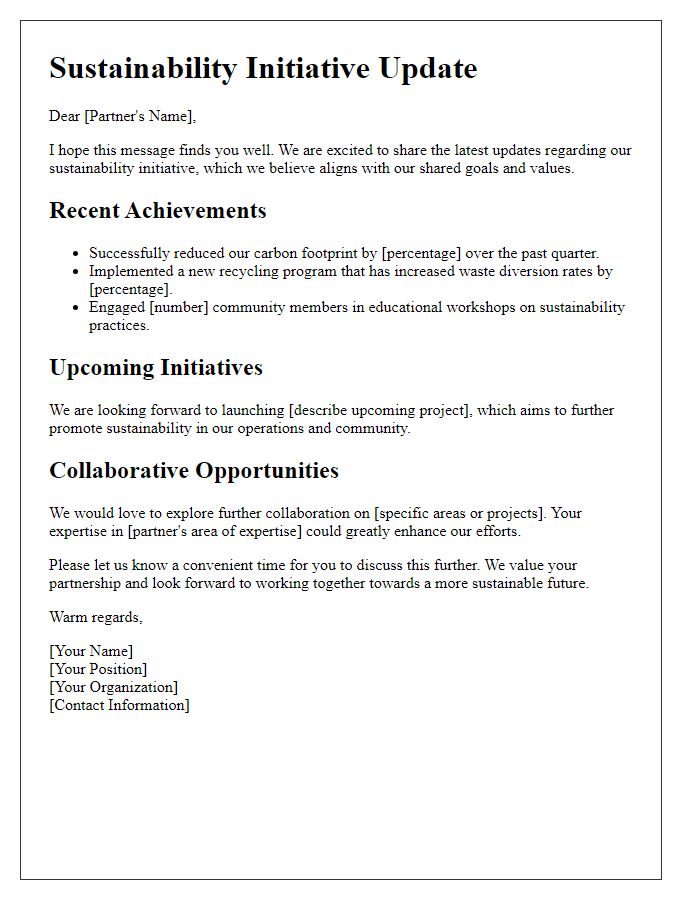 Letter template of sustainability initiative update for partner collaboration