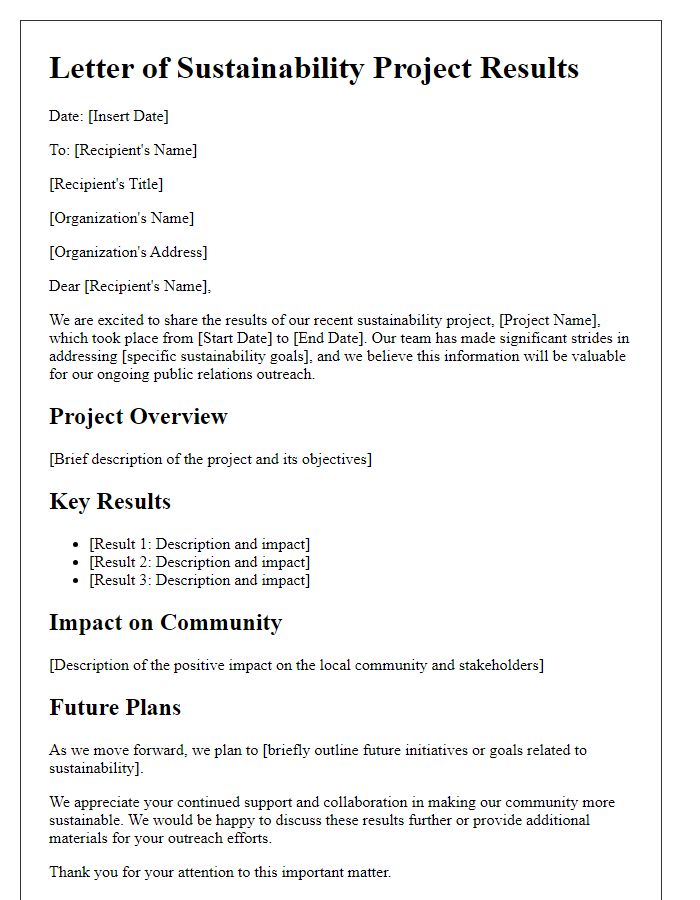 Letter template of sustainability project results for public relations outreach