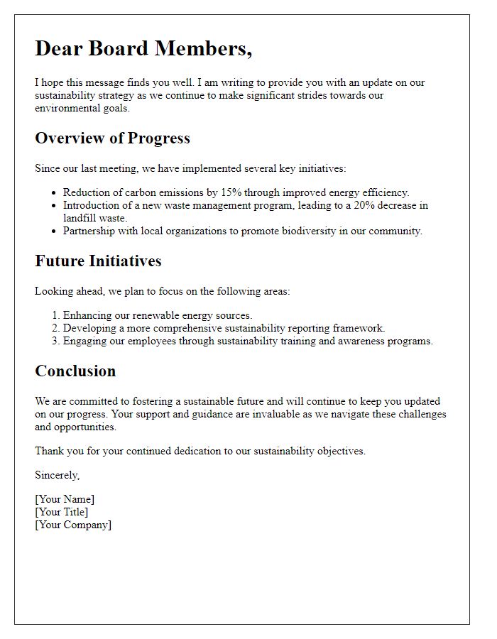 Letter template of sustainability strategy update for board members