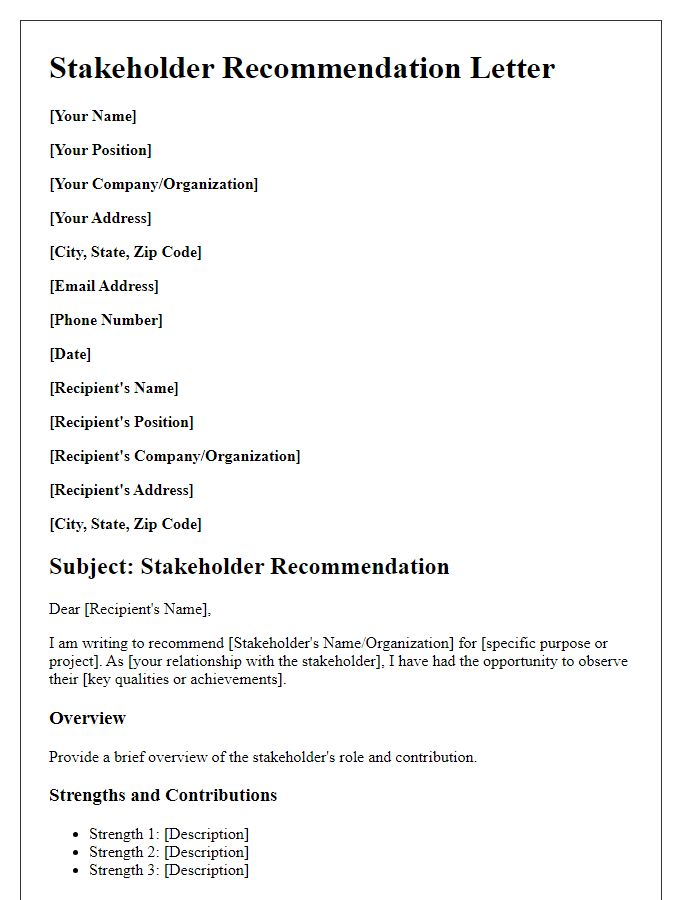 Letter template of stakeholder recommendation outline