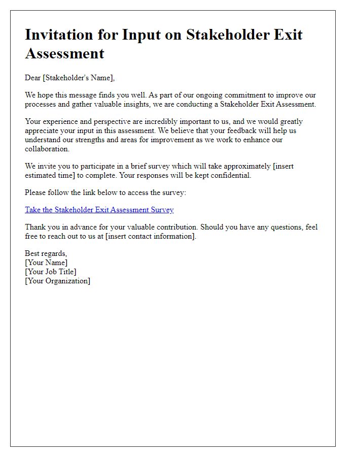 Letter template of stakeholder exit assessment invitation for input.