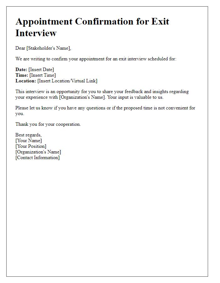 Letter template of stakeholder exit interview appointment confirmation.