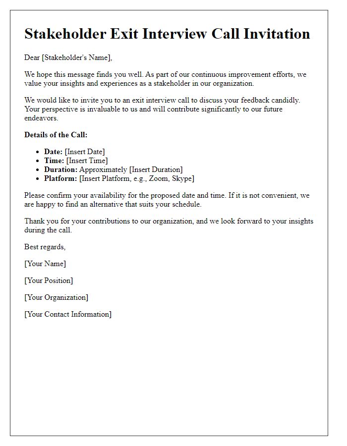 Letter template of stakeholder exit interview call for candid discussions.