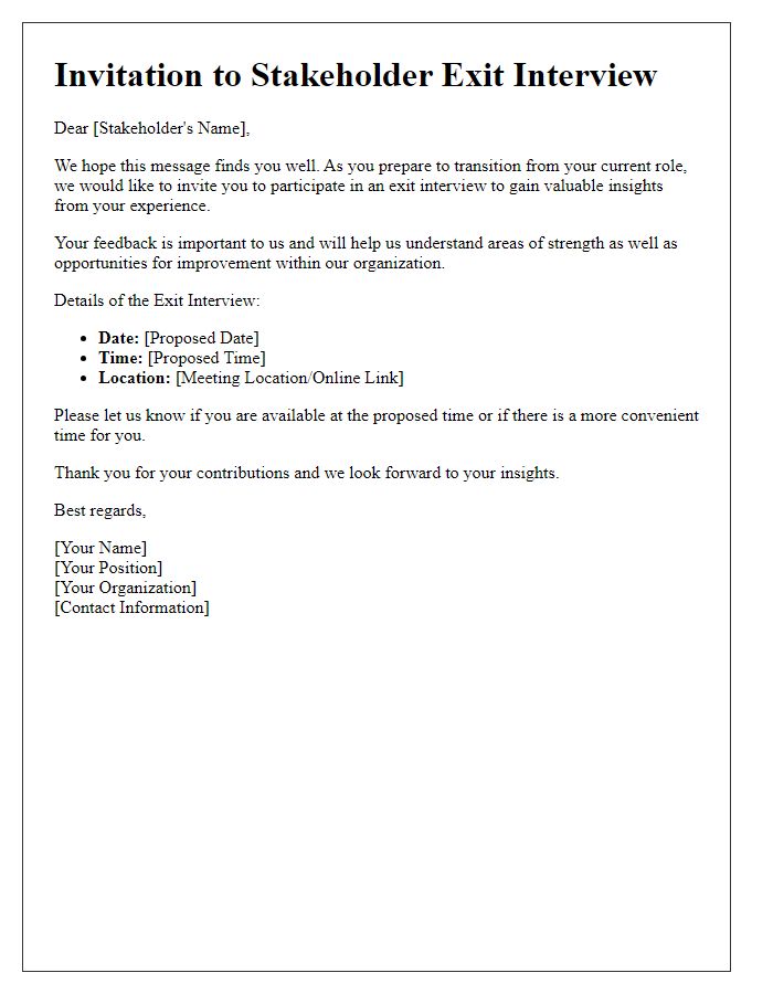 Letter template of stakeholder exit interview invitation for insights.