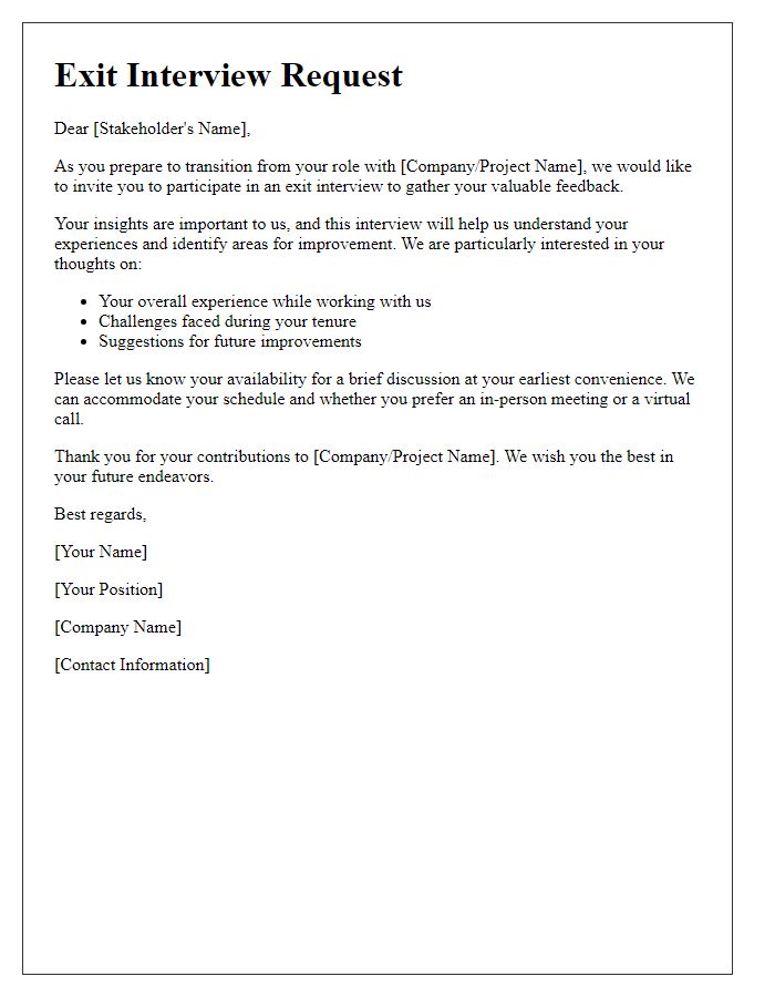 Letter template of stakeholder exit interview request for feedback.