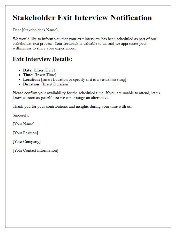 Letter template of stakeholder exit interview schedule notification.