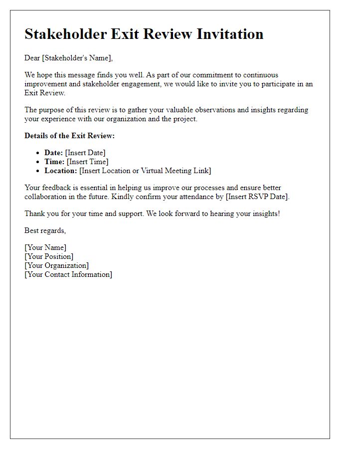 Letter template of stakeholder exit review invitation for observations.