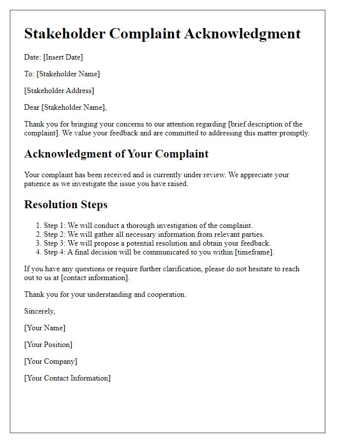 Letter template of stakeholder complaint acknowledgment for resolution steps outlined.