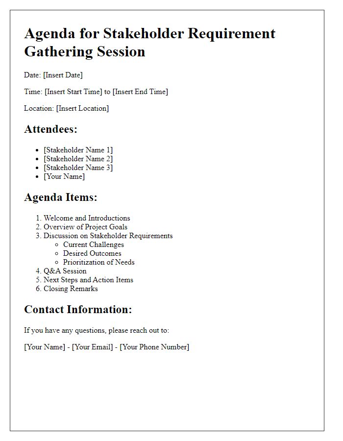 Letter template of agenda for stakeholder requirement gathering session