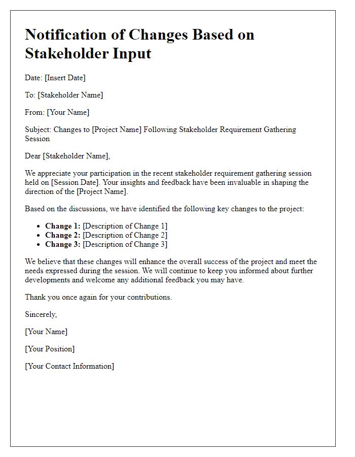 Letter template of changes based on stakeholder requirement gathering session