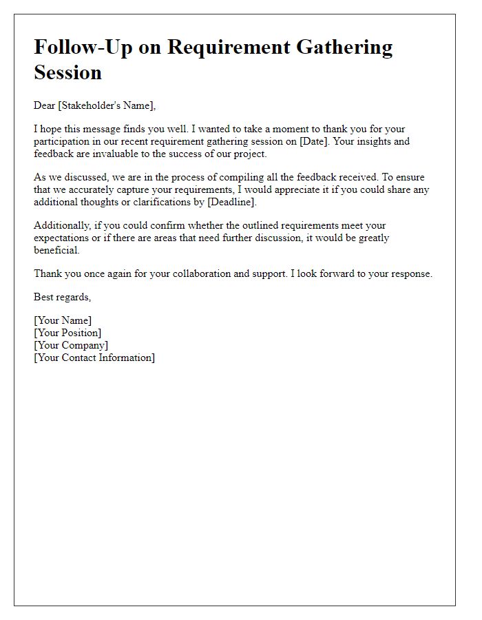 Letter template of follow-up on stakeholder requirement gathering session