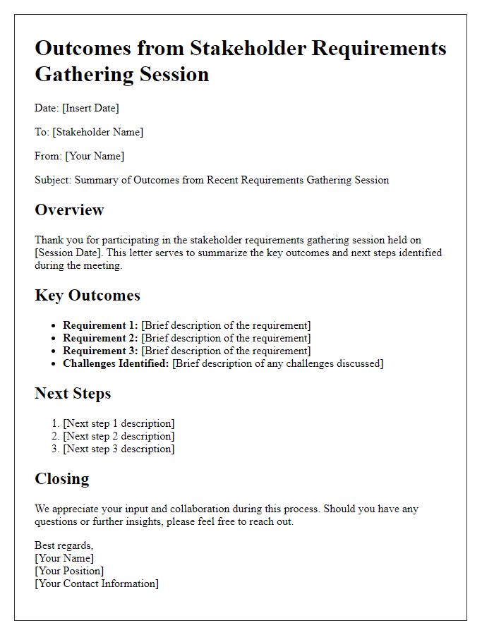 Letter template of outcomes from stakeholder requirement gathering session