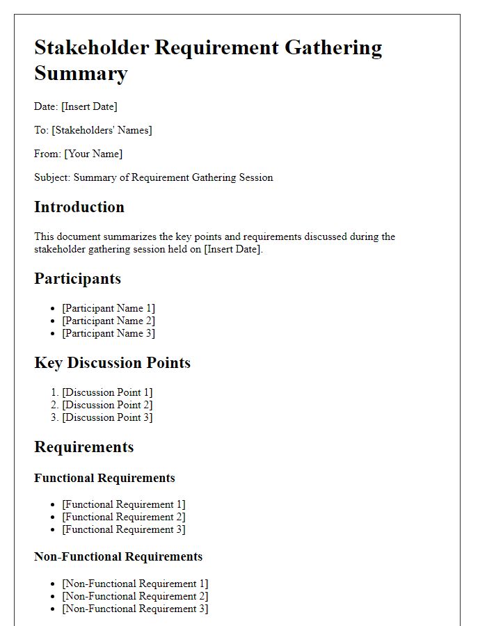 Letter template of summary notes from stakeholder requirement gathering session