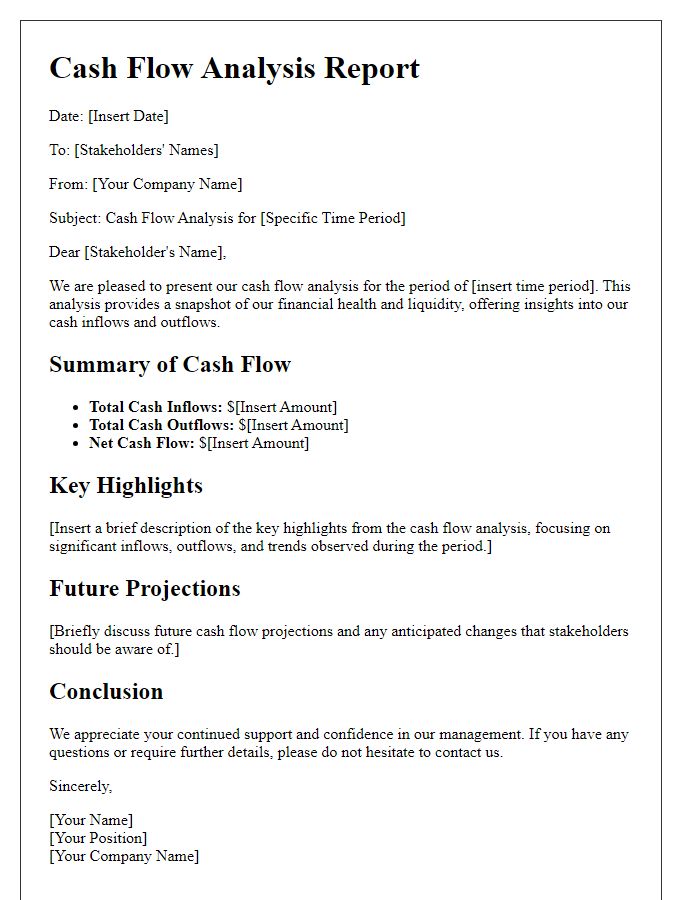 Letter template of cash flow analysis for stakeholders