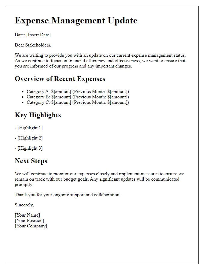 Letter template of expense management update for stakeholders