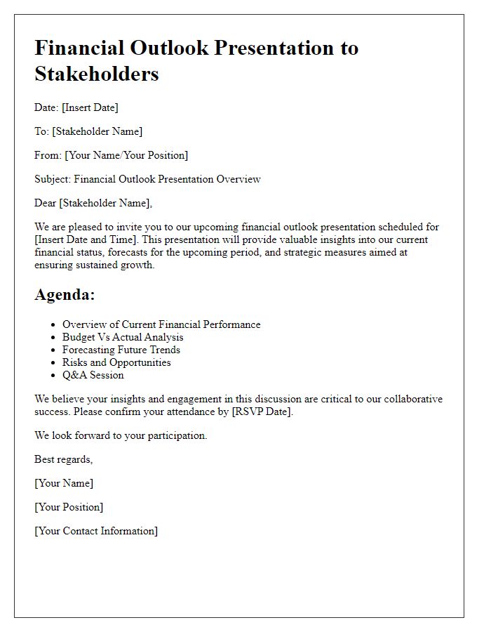 Letter template of financial outlook presentation for stakeholders