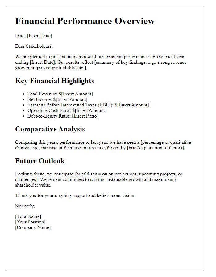 Letter template of financial performance overview for stakeholders