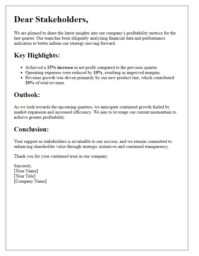 Letter template of profitability insight for stakeholders