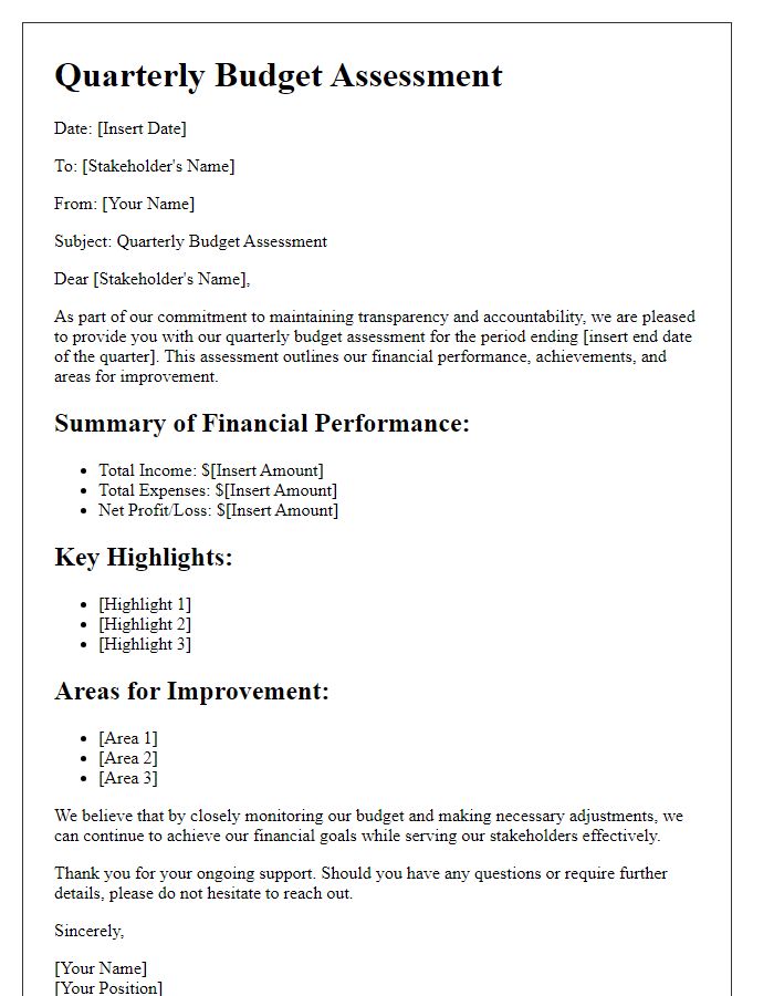 Letter template of quarterly budget assessment for stakeholders