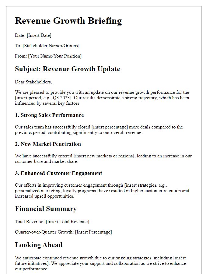 Letter template of revenue growth briefing for stakeholders