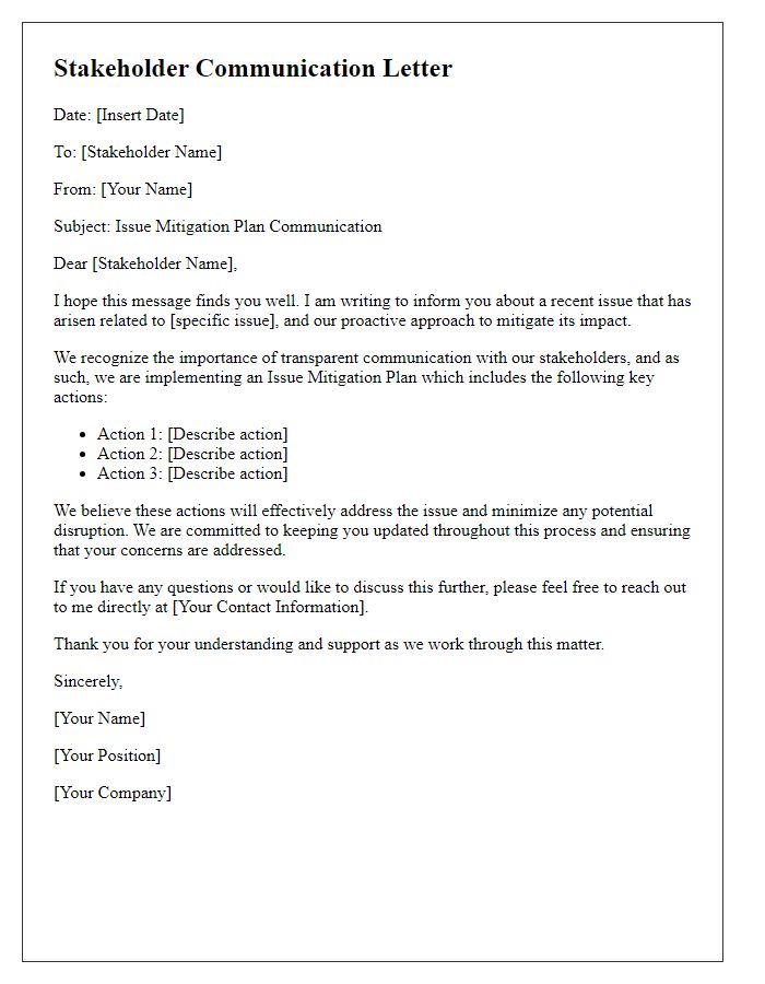 Letter template of stakeholder communication for issue mitigation plan