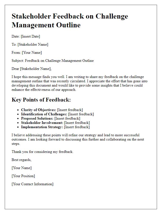 Letter template of stakeholder feedback for challenge management outline