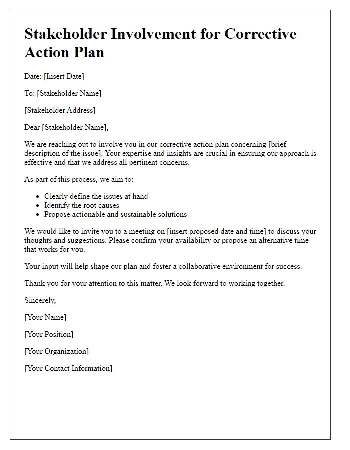 Letter template of stakeholder involvement for corrective action plan