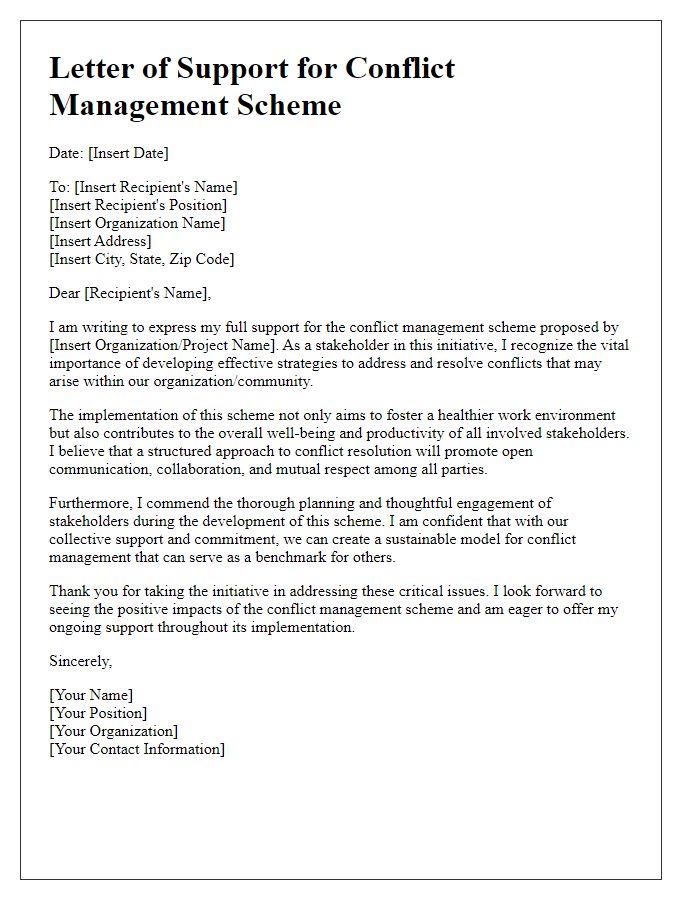 Letter template of stakeholder support for conflict management scheme