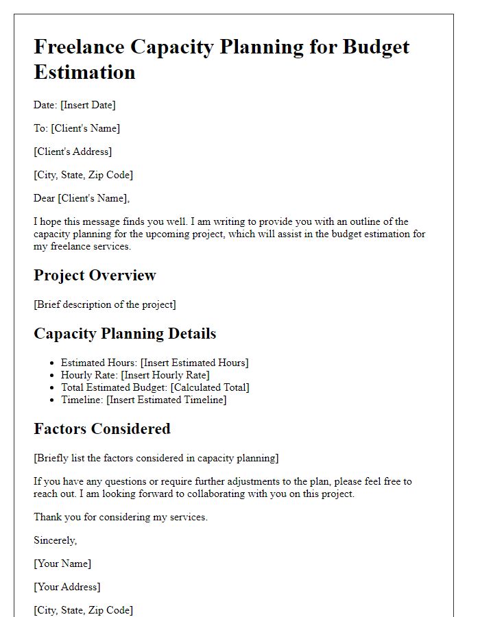 Letter template of freelance capacity planning for budget estimation.