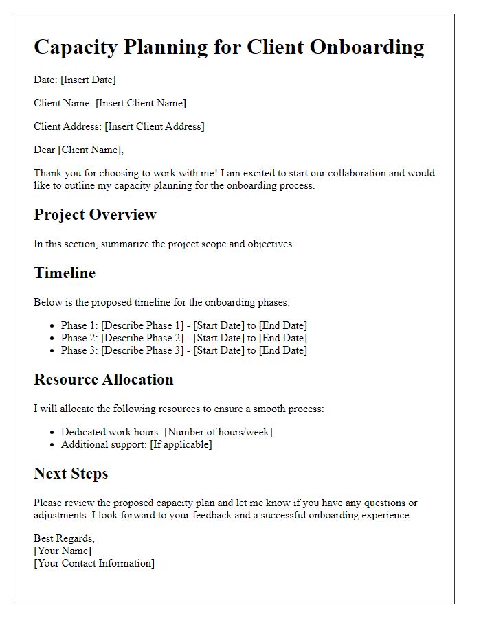 Letter template of freelance capacity planning for client onboarding.