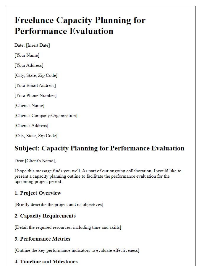 Letter template of freelance capacity planning for performance evaluation.