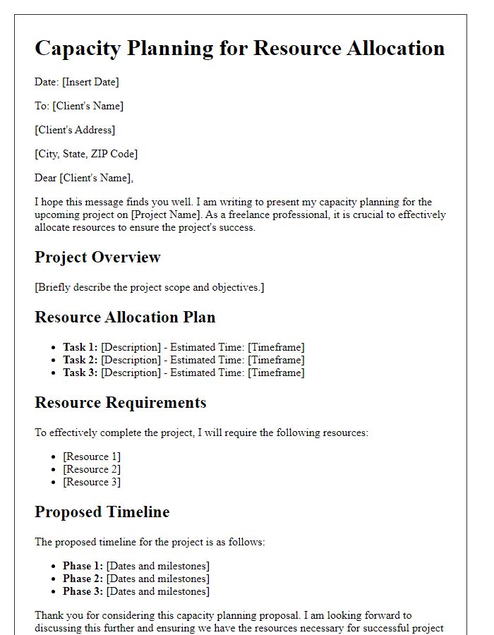 Letter template of freelance capacity planning for resource allocation.