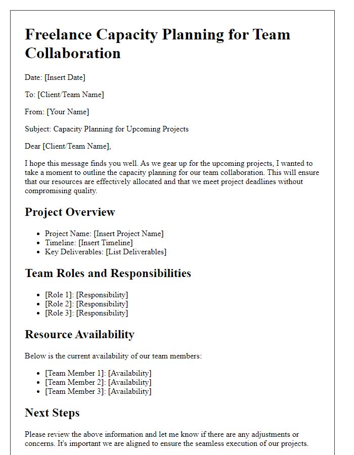 Letter template of freelance capacity planning for team collaboration.