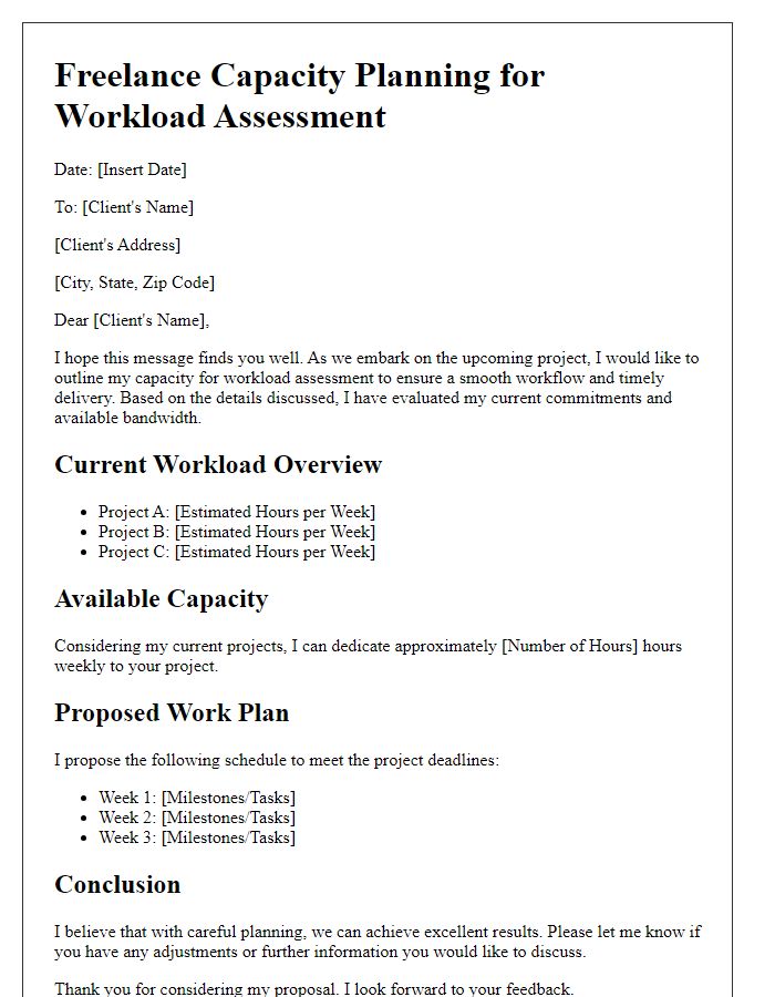 Letter template of freelance capacity planning for workload assessment.