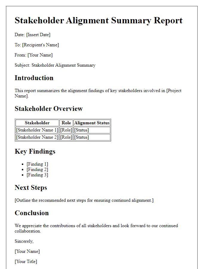 Letter template of stakeholder alignment summary report