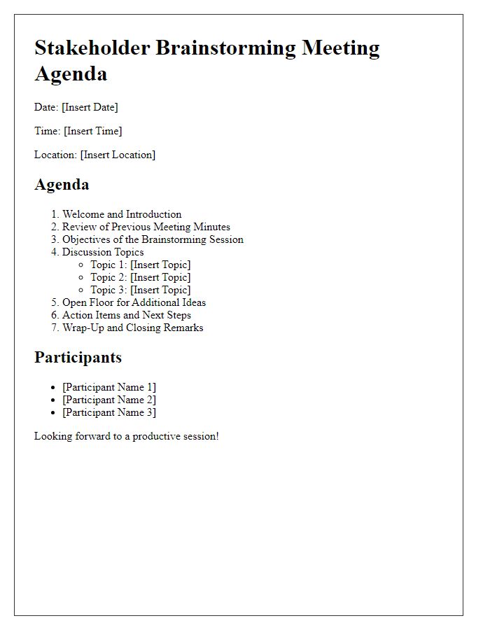 Letter template of agenda for stakeholder brainstorming meeting