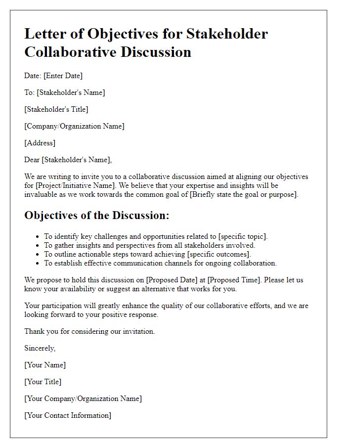 Letter template of objectives for stakeholder collaborative discussion