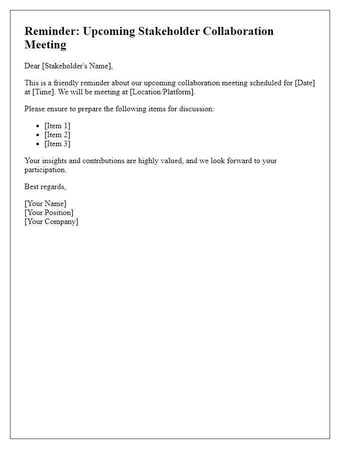 Letter template of reminders for upcoming stakeholder collaboration