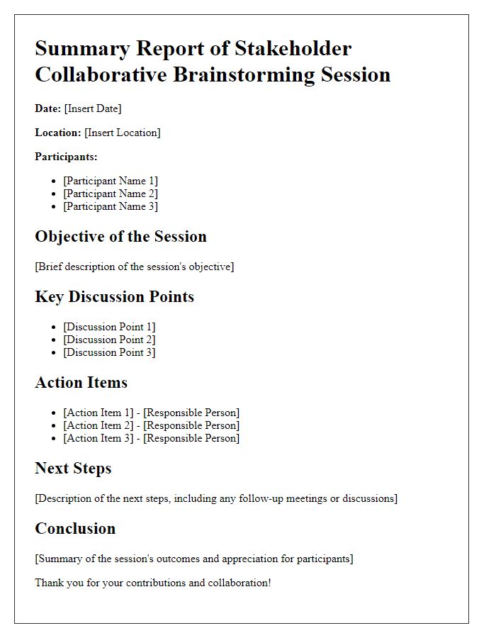 Letter template of Summary Report from Stakeholder Collaborative Brainstorming Session