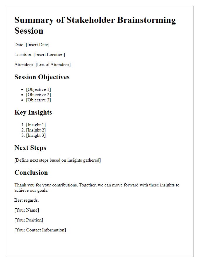 Letter template of summary for stakeholder brainstorming insights