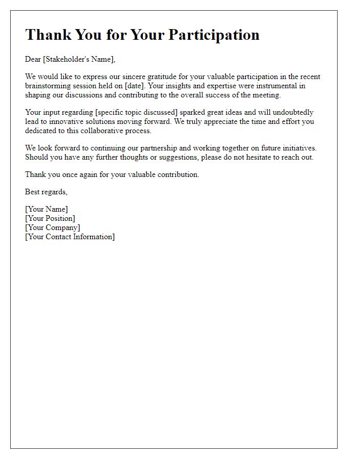 Letter template of thank you for stakeholder brainstorming participation