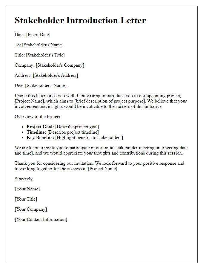 Letter template of stakeholder introduction for project overview.