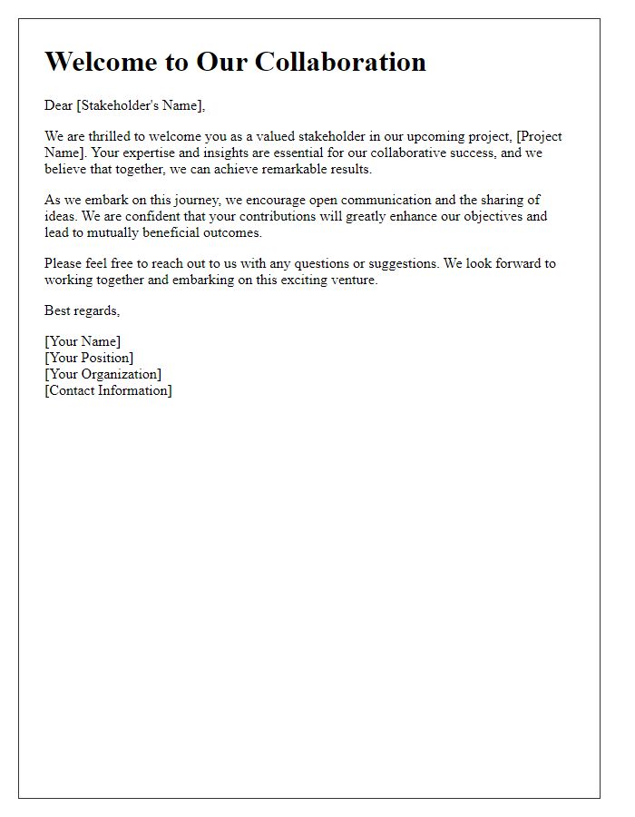 Letter template of welcome note for stakeholder collaboration.