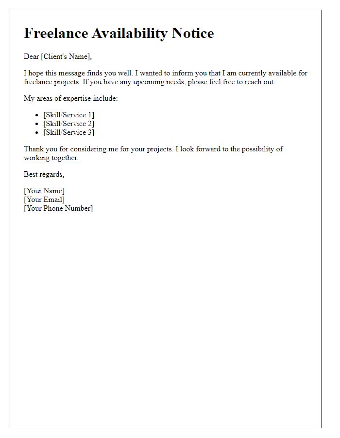 Letter template of freelance availability notice