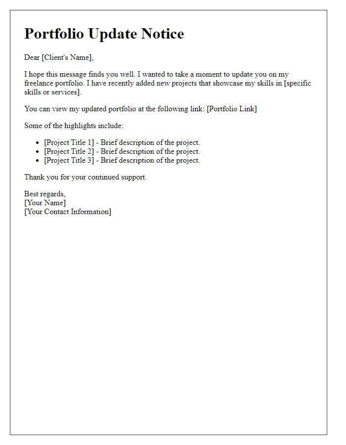 Letter template of freelance portfolio update