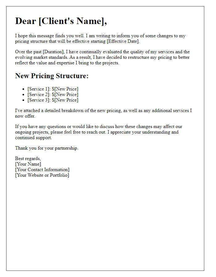 Letter template of freelance pricing restructuring