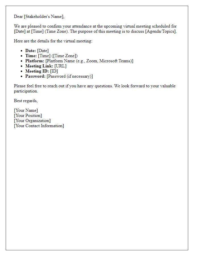 Letter template of confirming attendance for a stakeholder virtual meeting