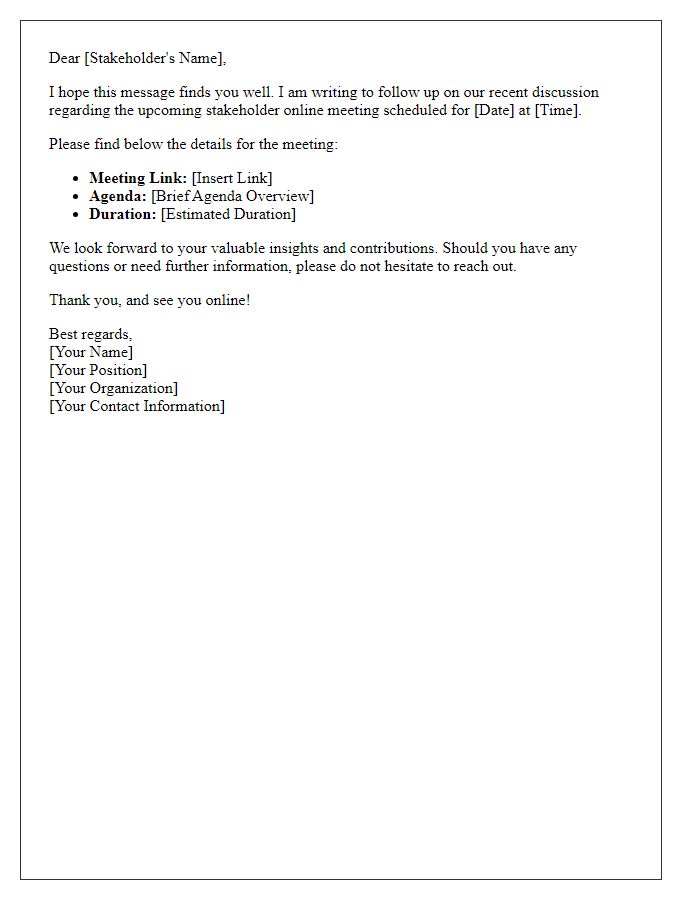 Letter template of follow-up regarding stakeholder online meeting details