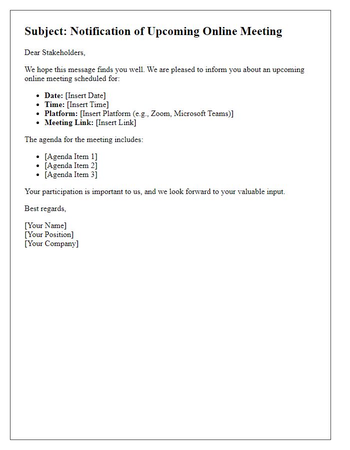 Letter template of notifying stakeholders about an upcoming online meeting